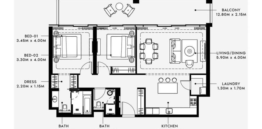 Apartament în Meydan, Dubai, EAU 2 dormitoare, 129.45 mp. №660834