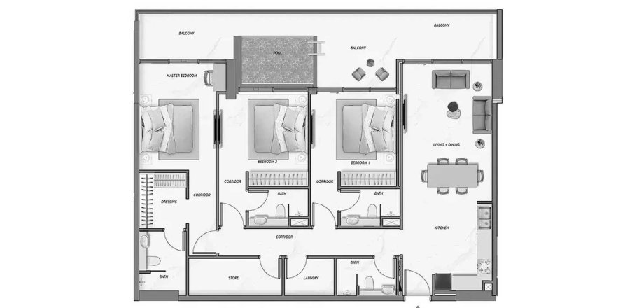 Apartmán v Samana Ocean Crest v Dubai, SAE 3 spálne, 158.77 m2 č. 712168