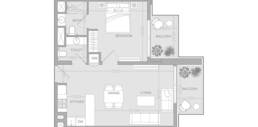 Apartment floor plan «1BR», 1 bedroom in ELAR1S Rise
