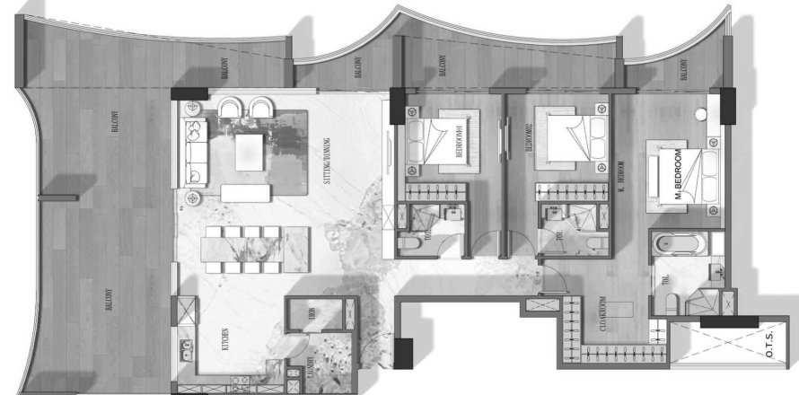 Apartman tlocrt «3BR», 3 spavaćih soba u Stamn Nautis