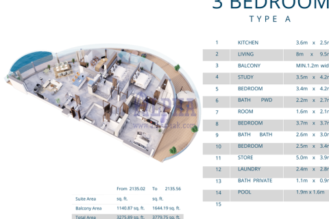 Apartament në Al Marjan Island, Ras Al Khaimah, Emiratet e Bashkuara Arabe 3 dhoma gjumi, 426.4 m2. № 709252 - Foto 12
