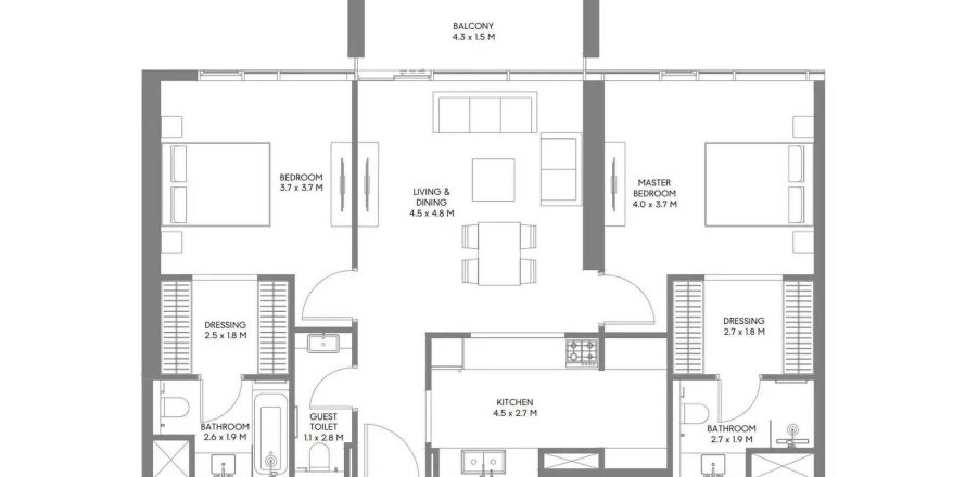 Пәтер The Gate 6, Muwaileh Commercial, Шарджа, БАӘ-да 2 жатын бөлмелер, 107.49 м² № 713794