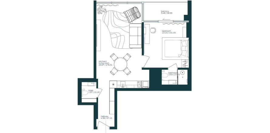 Apartmen di Vibe by Arsenal East di Al Satwa, Dubai, UAE 1 bilik tidur, 58 meter persegi № 680578