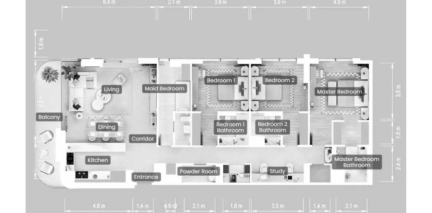 Apartment i Al Fahid, Abu Dhabi, UAE 3 soveværelser, 183.35 kvm № 695860
